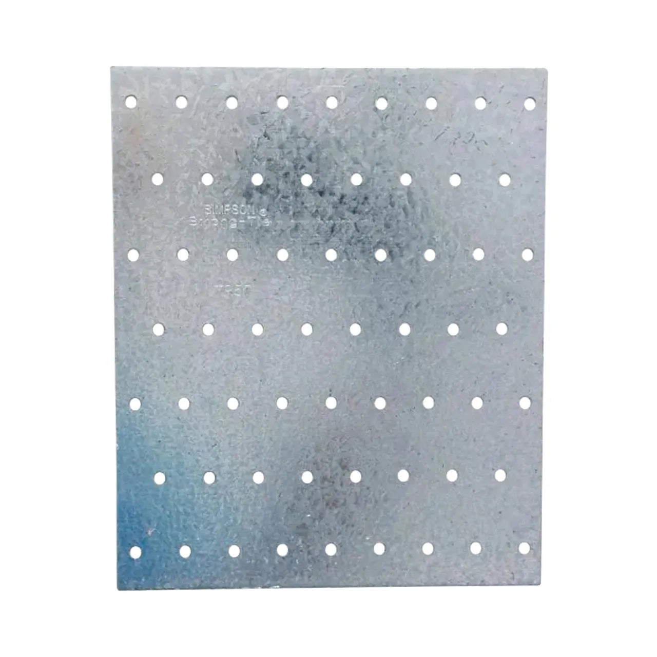 The TP 5-3/4 in. x 7 in. 20 Ga Galvanized Tie Plate from Go Build features a square metal design with evenly spaced holes in a grid pattern, offering a textured, slightly reflective surface ideal for durable wood-to-wood connections.